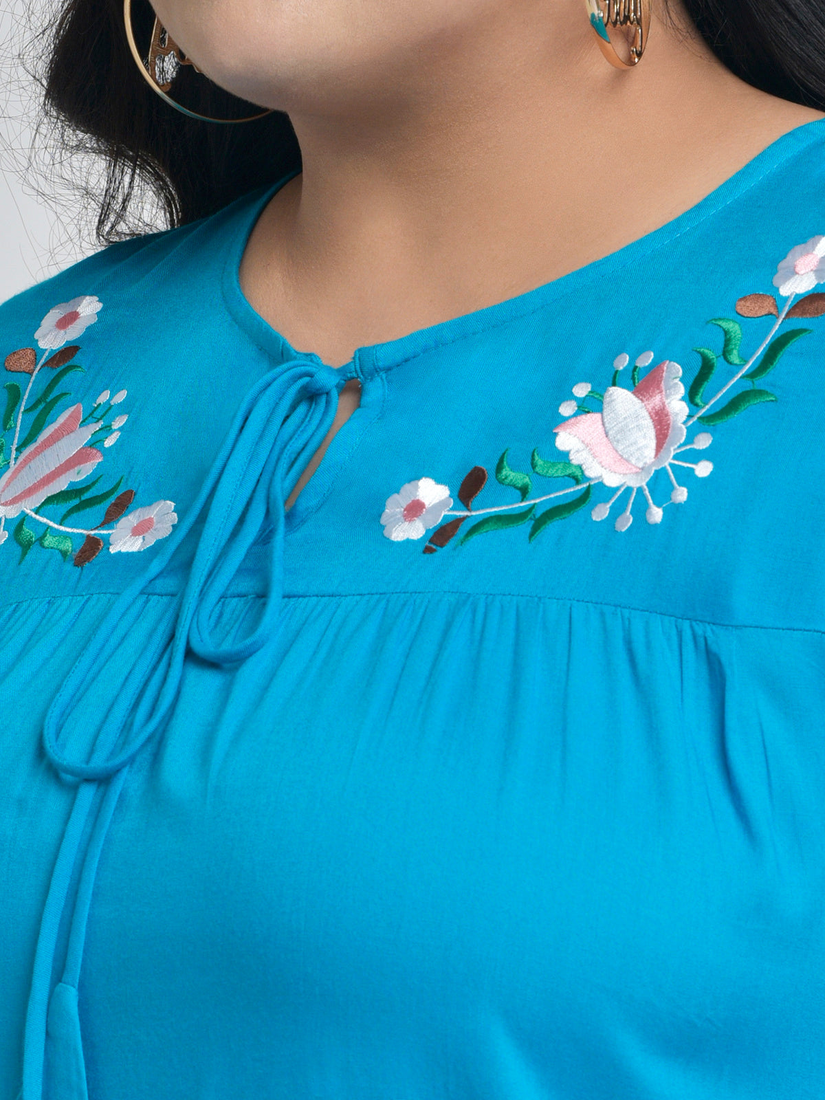 Sky Blue Plus Size Floral Embroidery Top