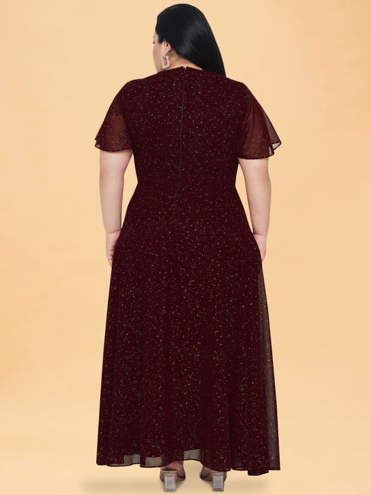 Maroon Golden Glitter Plus Size Butterfly Sleeve Gown