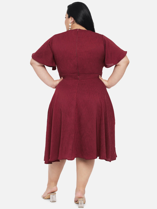Maroon Plus Size Satin Textured Butterfly Sleeve Dress