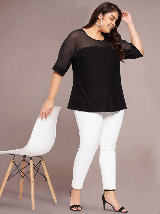 Black Plus Size Net Yoke Tunic Top