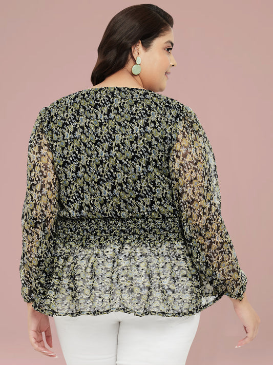 Black Plus Size Dobby Waist Smocked Top
