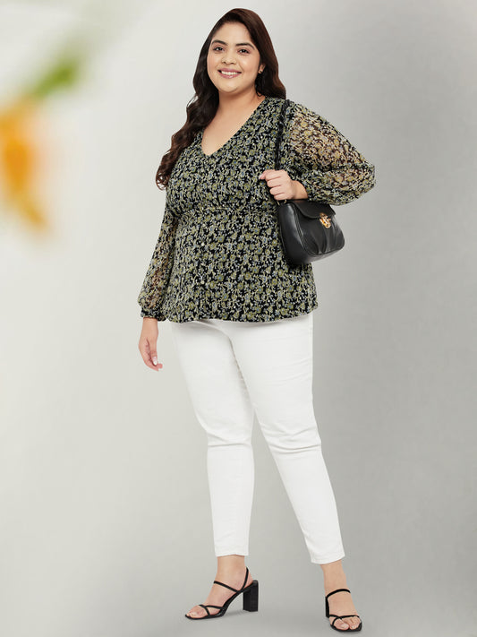 Black Plus Size Dobby Printed Boho Button Top