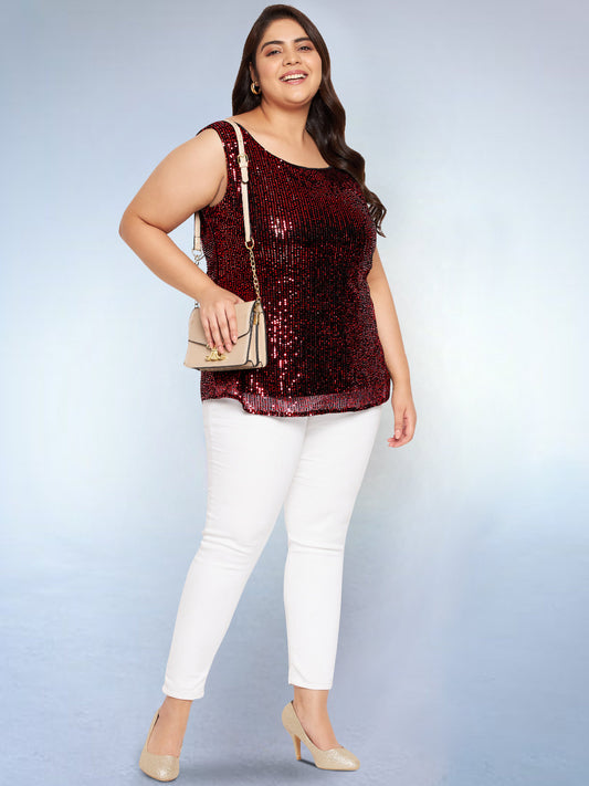 Red Plus Size Sequin A-line Top