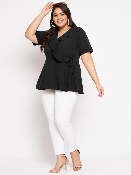 Black Plus Size Ruffle Wrap Peplum Top