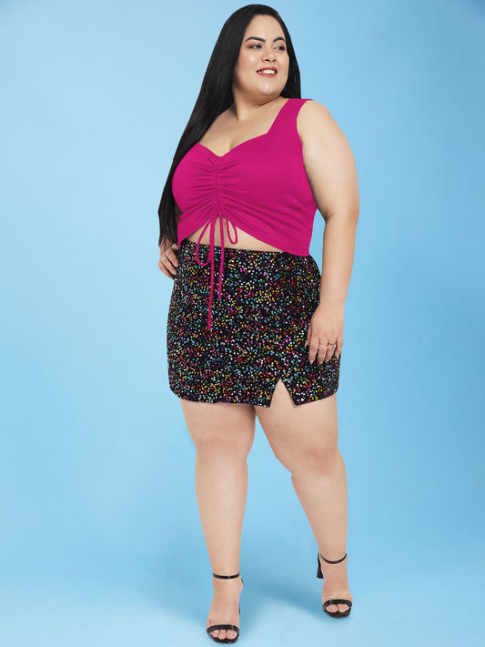 Fuschia Pink Plus Size Drawstring Crop Top