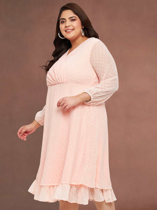 Women Peach Plus Size Dobby Frill Dress