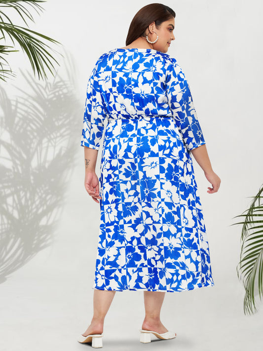 Plus Size Blue White Floral Wrap Midi Dress