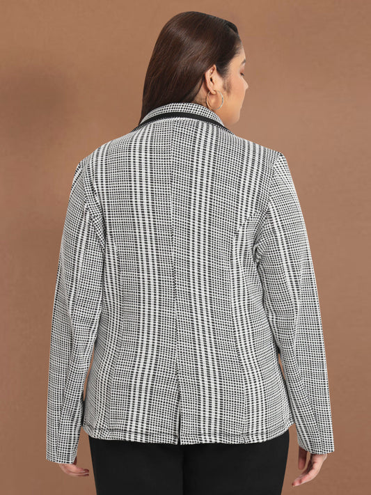 Women White Black Check Plus Size Stretch Blazer