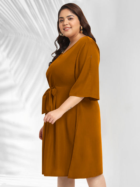 Women Mustard Plus Size Front Tie Dress