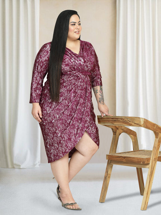 Women Wine Silver Plus Size Pleated Drape Dress
