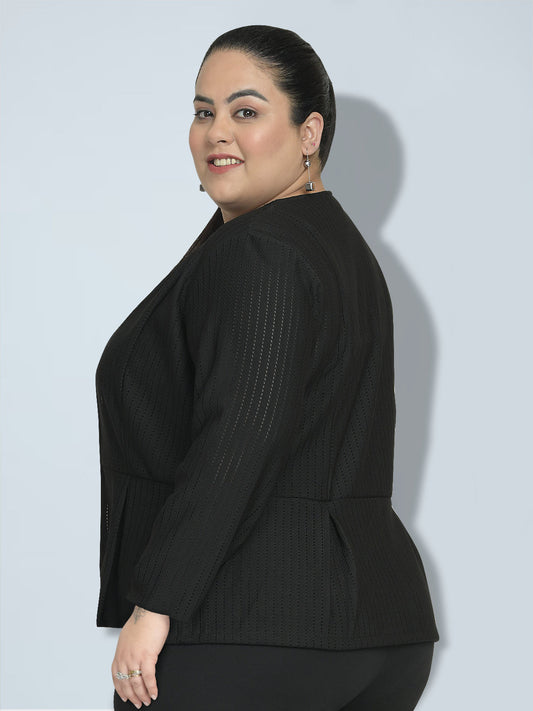 Women Black Plus Size Perforated Blazer