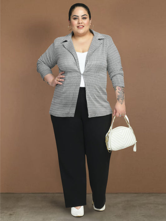 Women White Black Plus Size Stretch Houndstooth Blazer