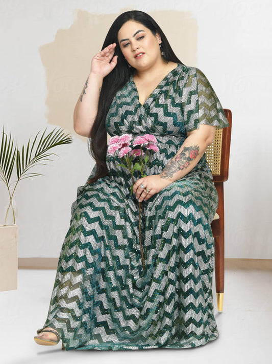 Women Blue Green Plus Size Shimmer Gown