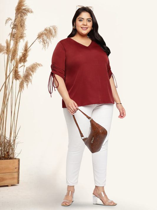 Maroon Plus Size Drawstring Sleeve Top