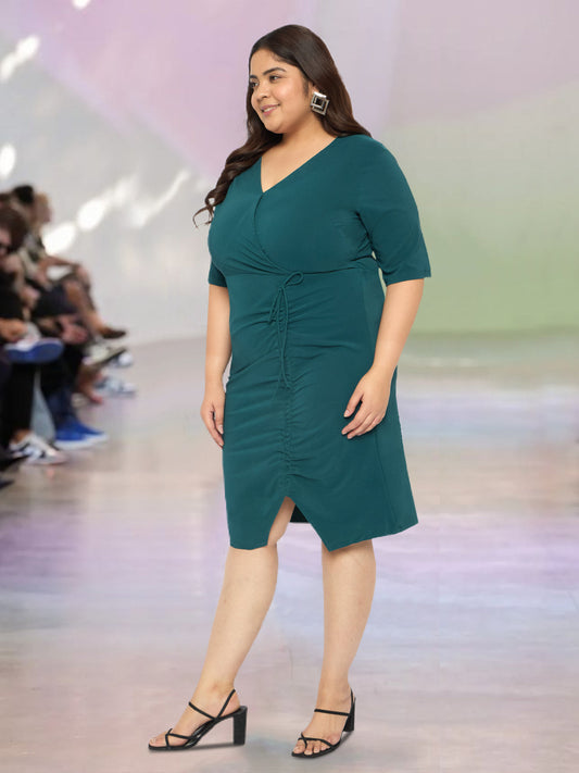 Women Green Plus Size Slit Ruched Dress