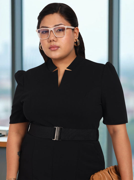 Women Black Plus Size Elastic Belt Formal Dress