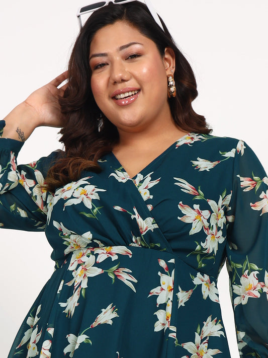 Women Turquoise Blue Plus Size Floral Dress