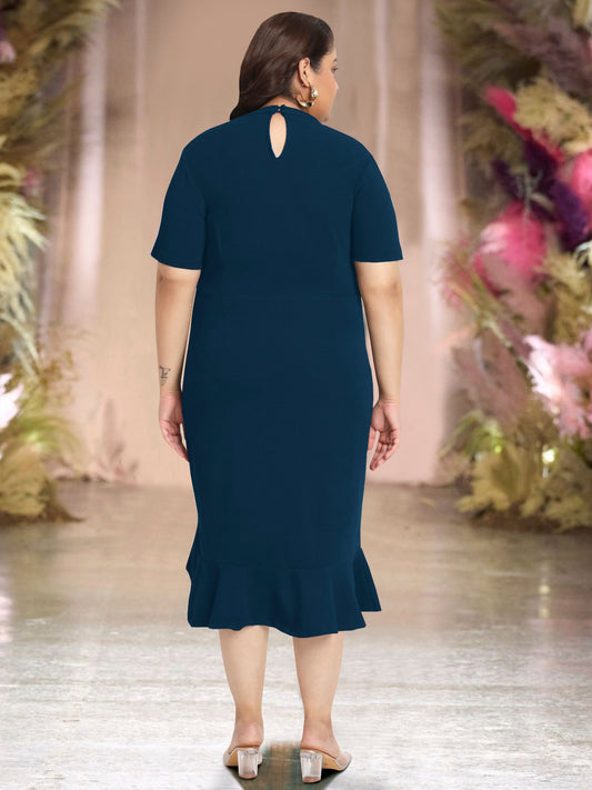 Blue Plus Size Net Yoke Bodycon Dress