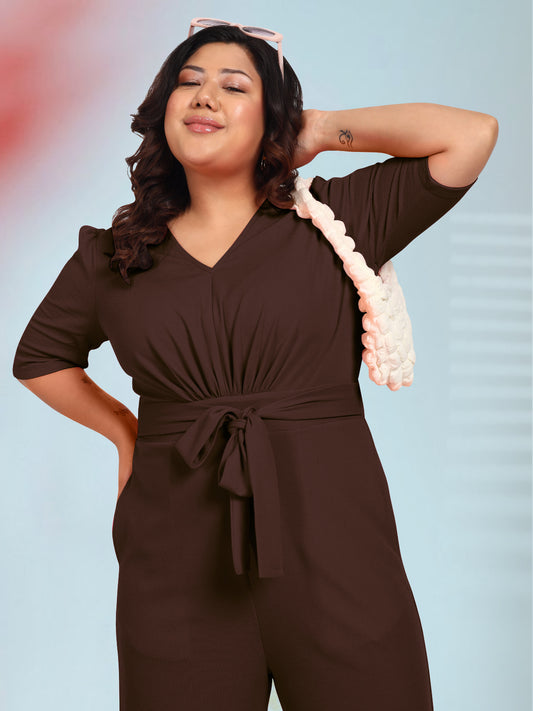 Brown Front Plus Size Tie Up Jumpsuit