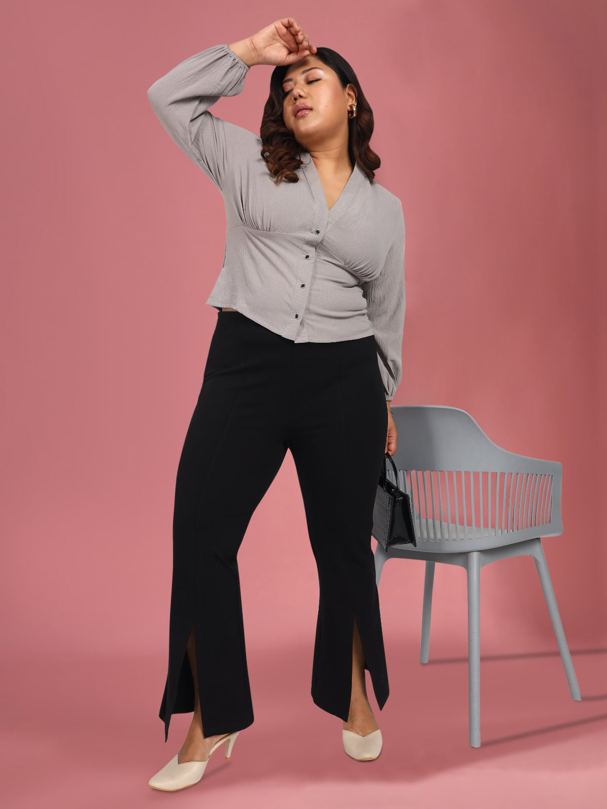Women Black White Plus Size Buttoned Tunic Top