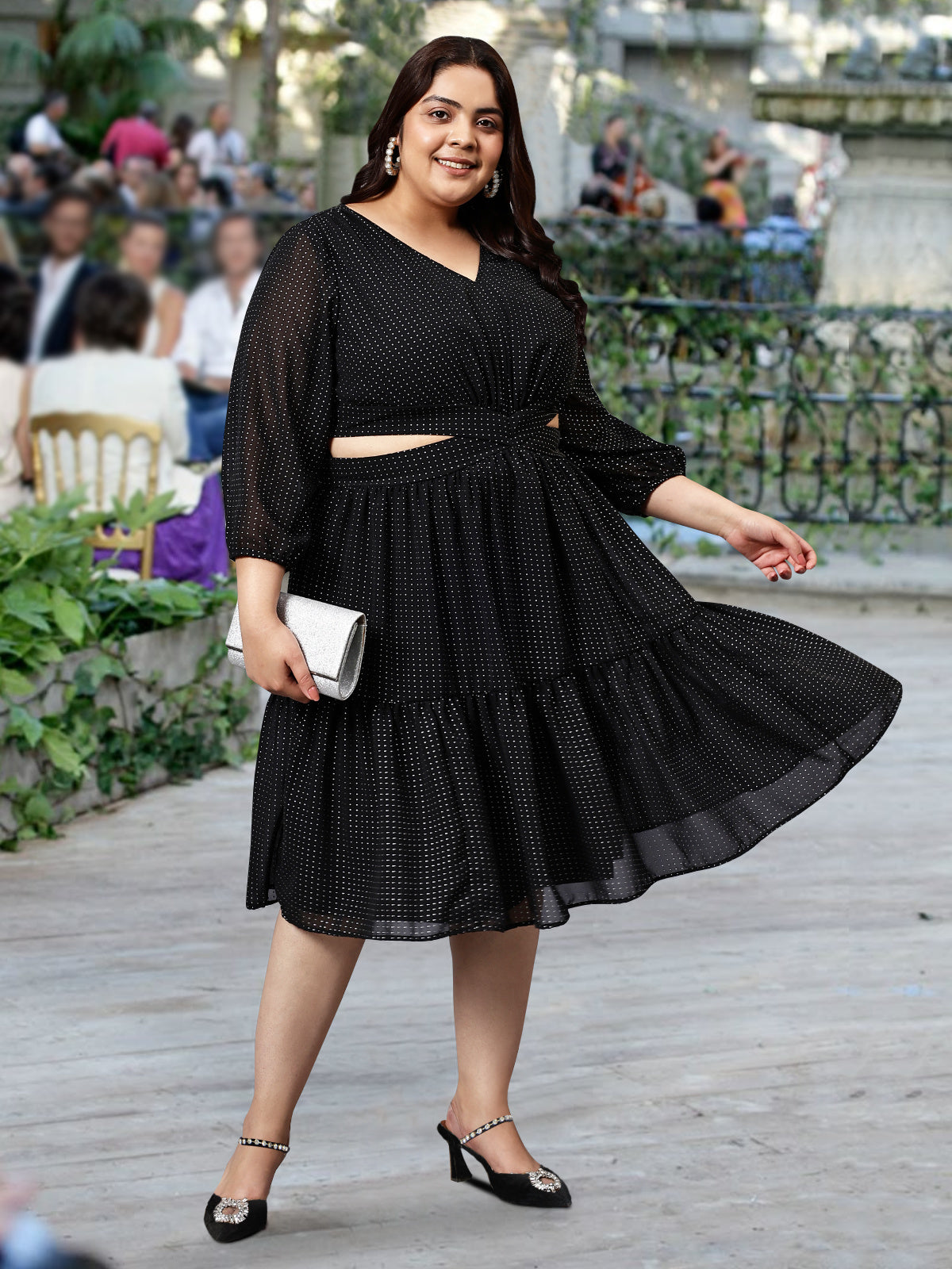 black and silver plus size dresses Women Black Silver Plus Size Waist Cut-out Dress