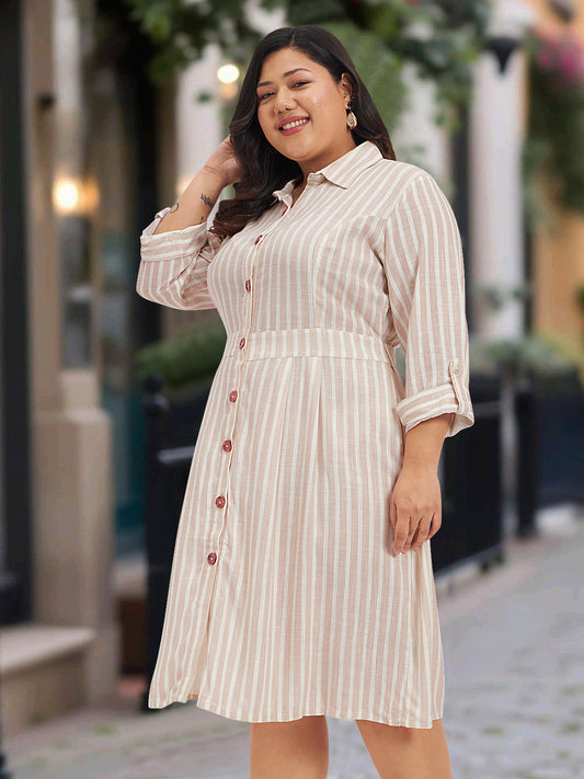 Women White Beige Plus Size Linen Shirt Dress
