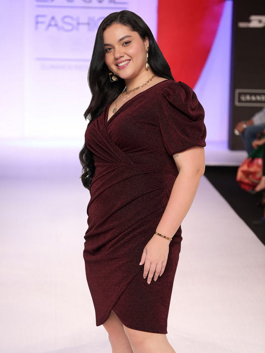 Women Maroon Shimmer Plus Size Puff Sleeve Dress
