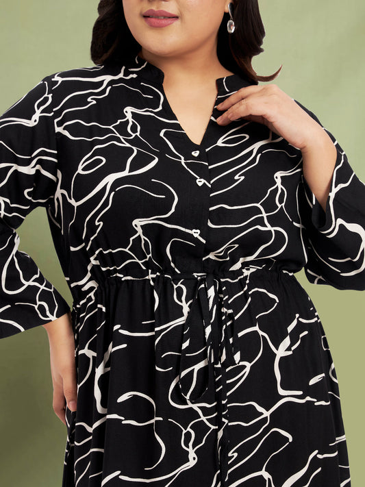 Women Black White Plus Size Midi Shirt Dress