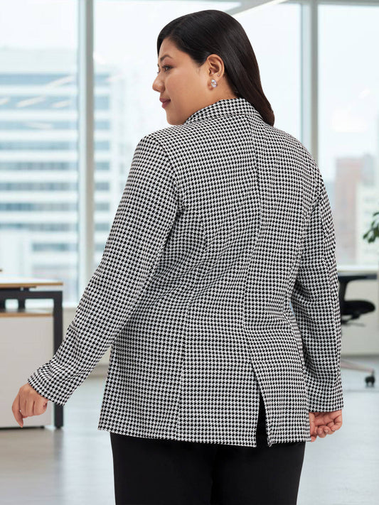 Black White Plus Size Houndstooth Stretch Blazer