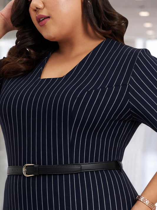 Blue White Stripe Plus Size Formal Dress With Belt