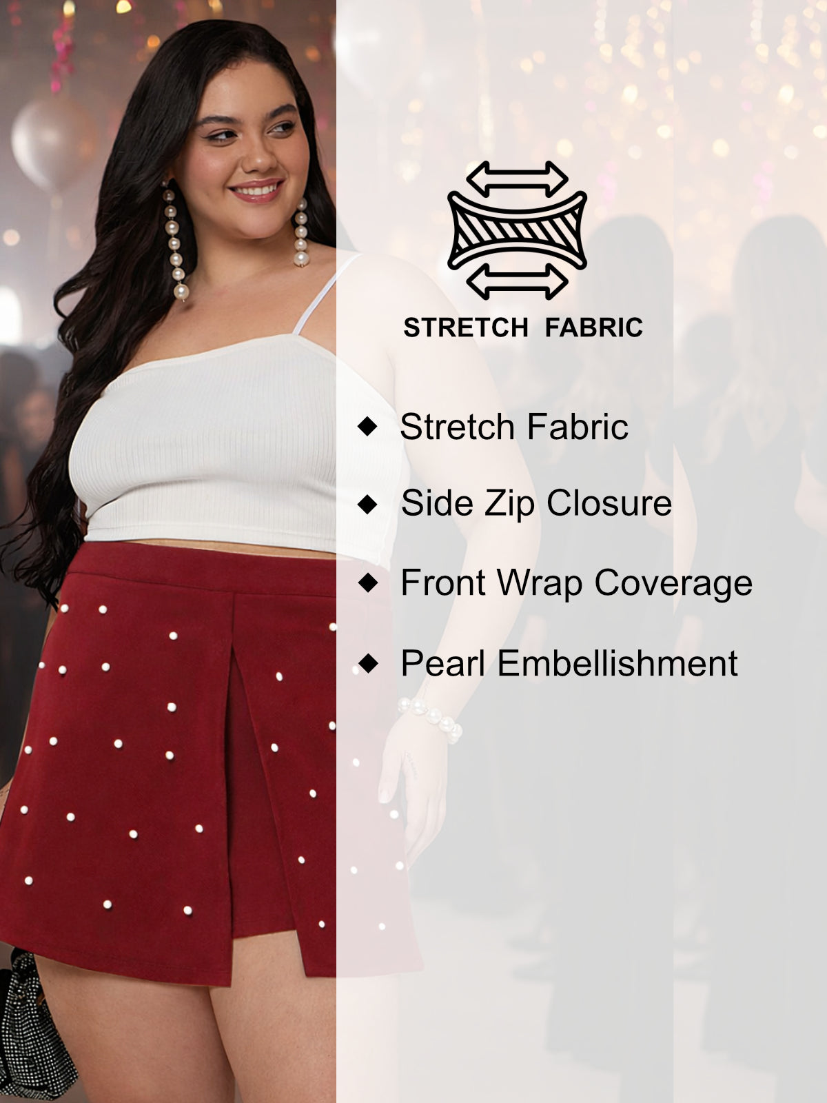 Red Plus Size White Pearl Skort