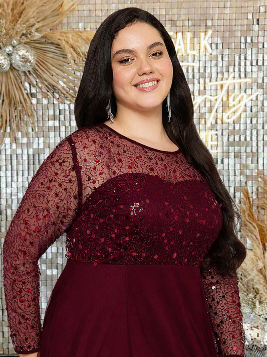 Maroon Plus Size Net Embroidery Gown