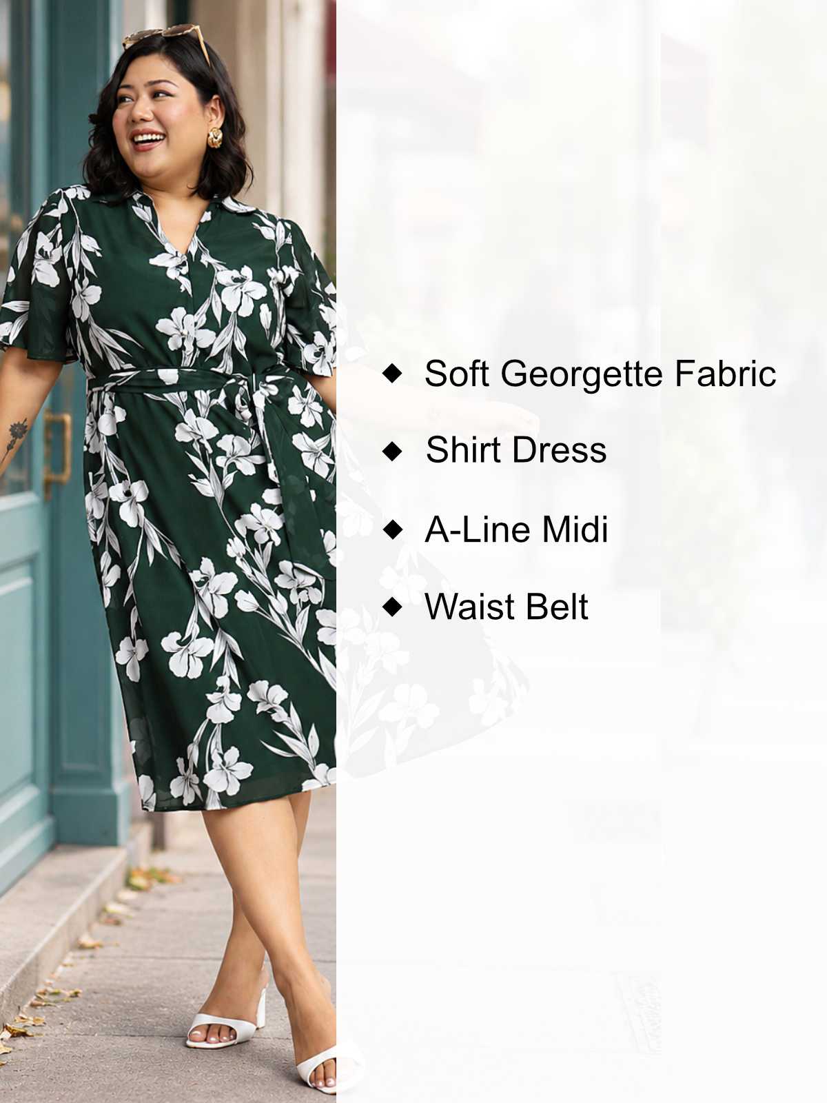Green White Plus Size Shirt Dress With Belt
