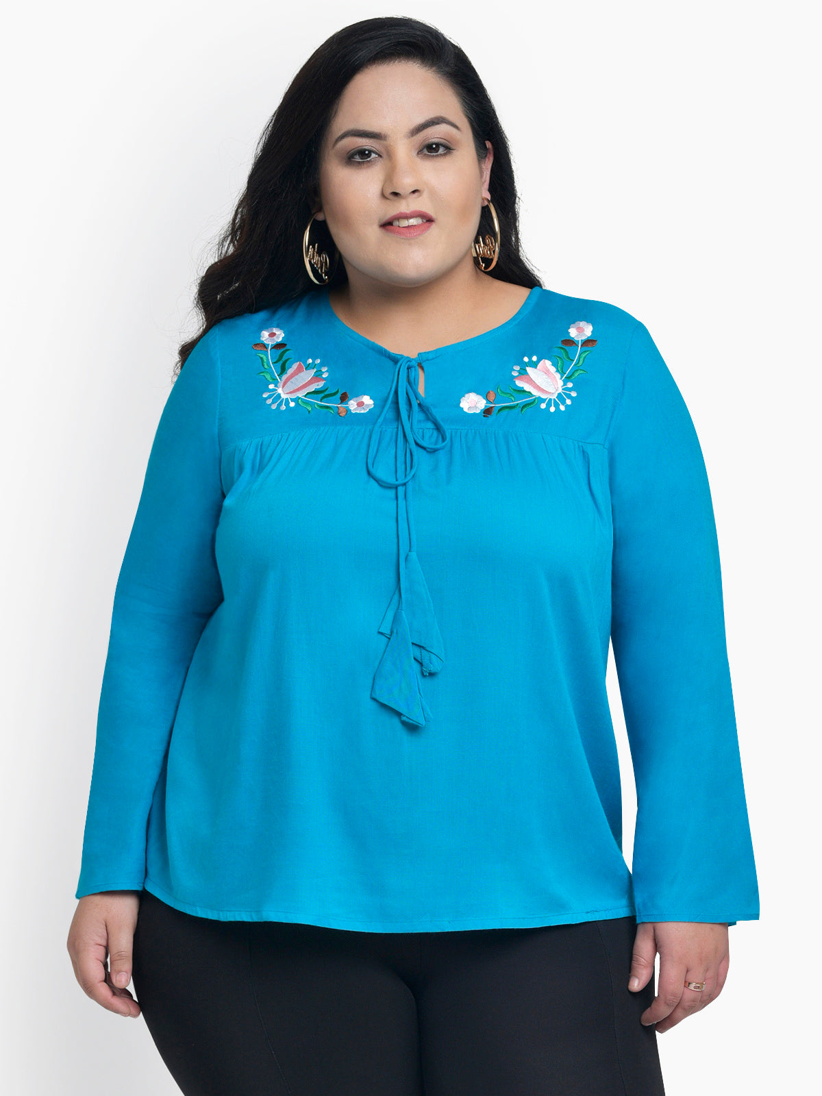 Sky Blue Plus Size Floral Embroidery Top