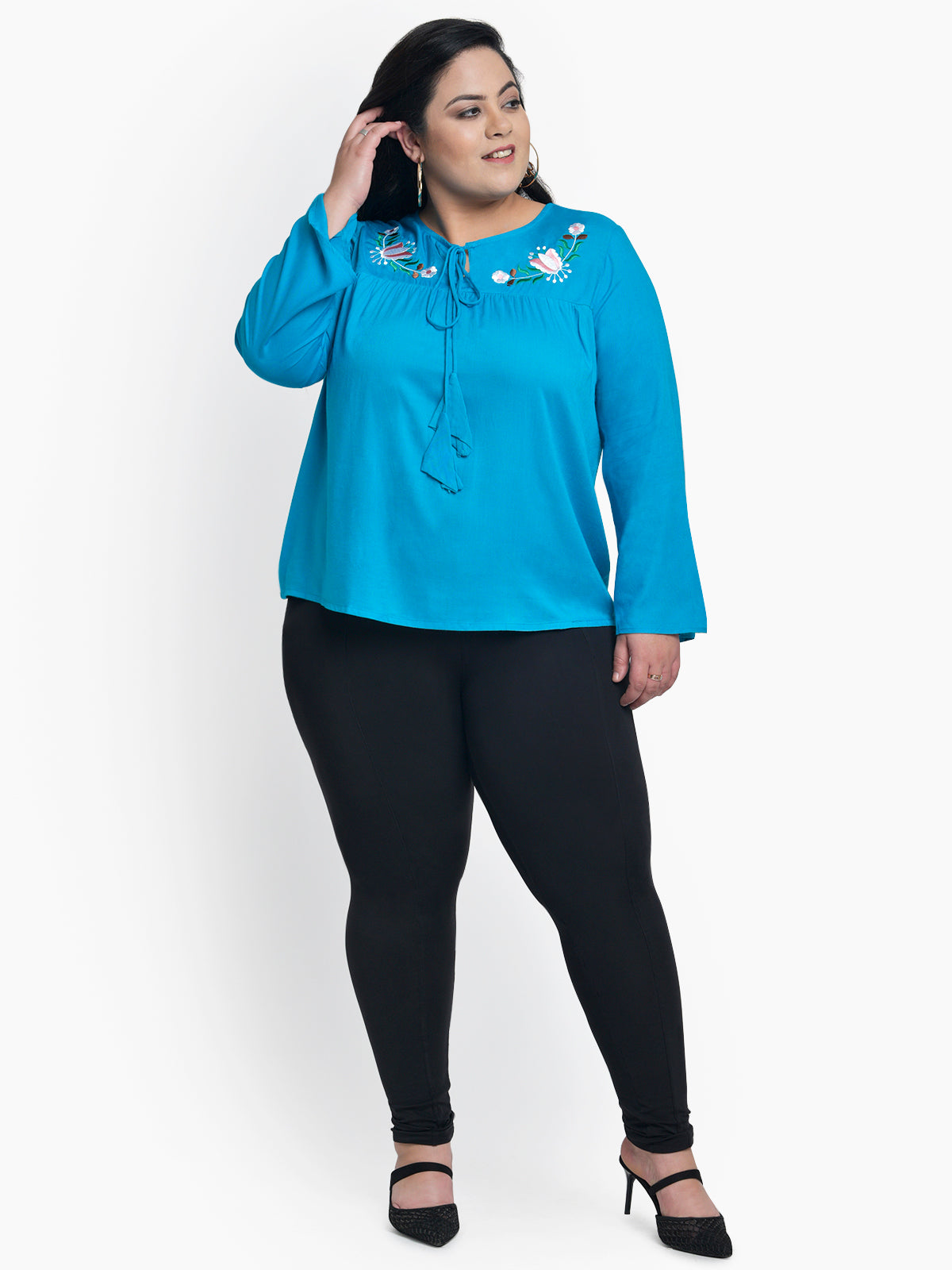 Sky Blue Plus Size Floral Embroidery Top