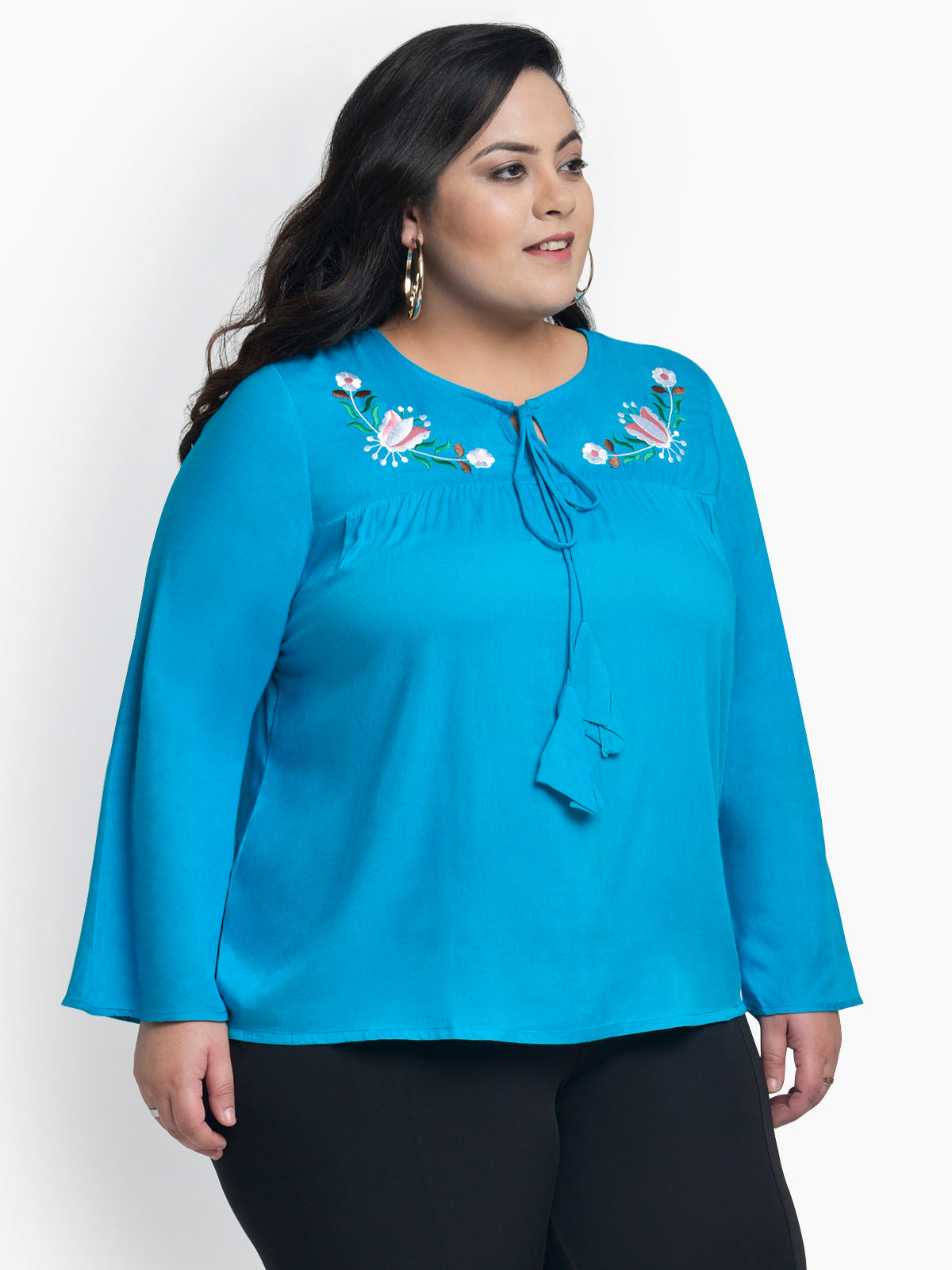 Sky Blue Plus Size Floral Embroidery Top