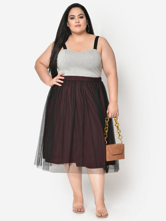 Wine With Black Mesh Plus Size Skirt