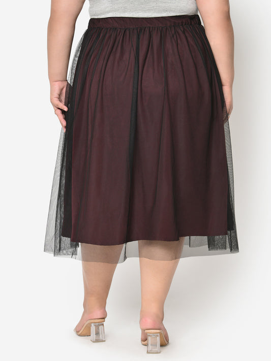 Wine With Black Mesh Plus Size Skirt