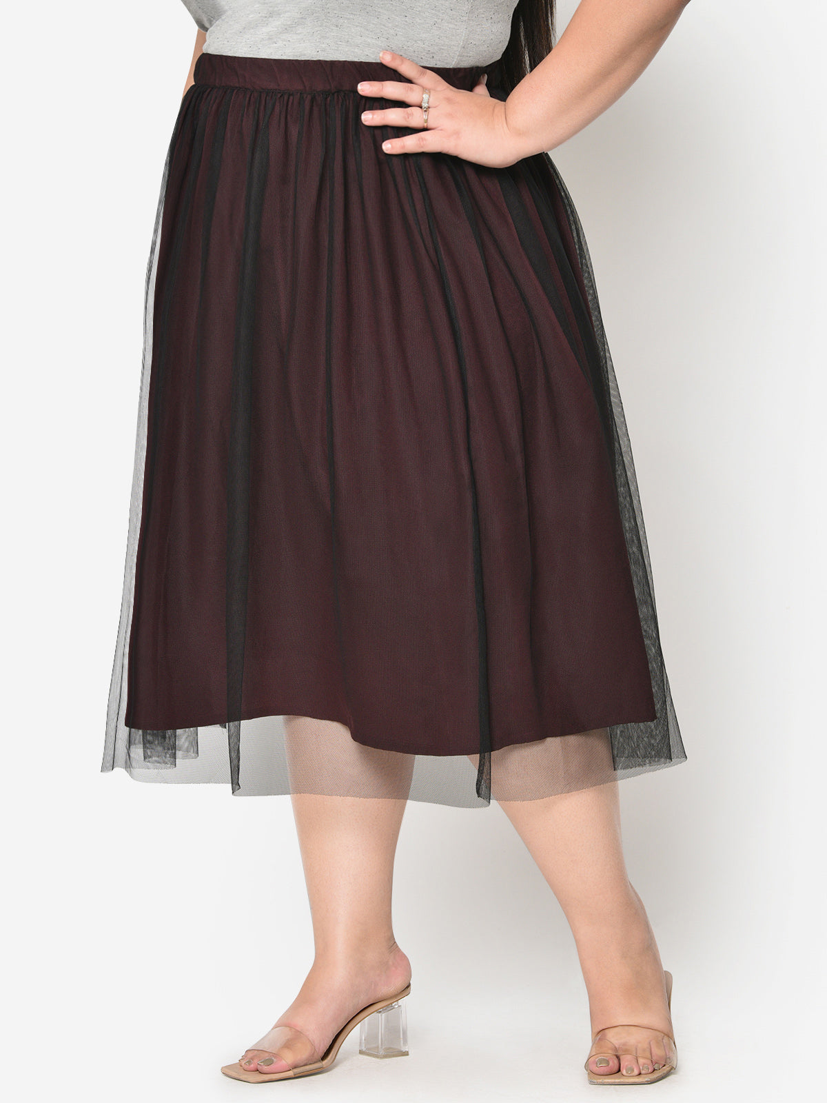 Wine With Black Mesh Plus Size Skirt