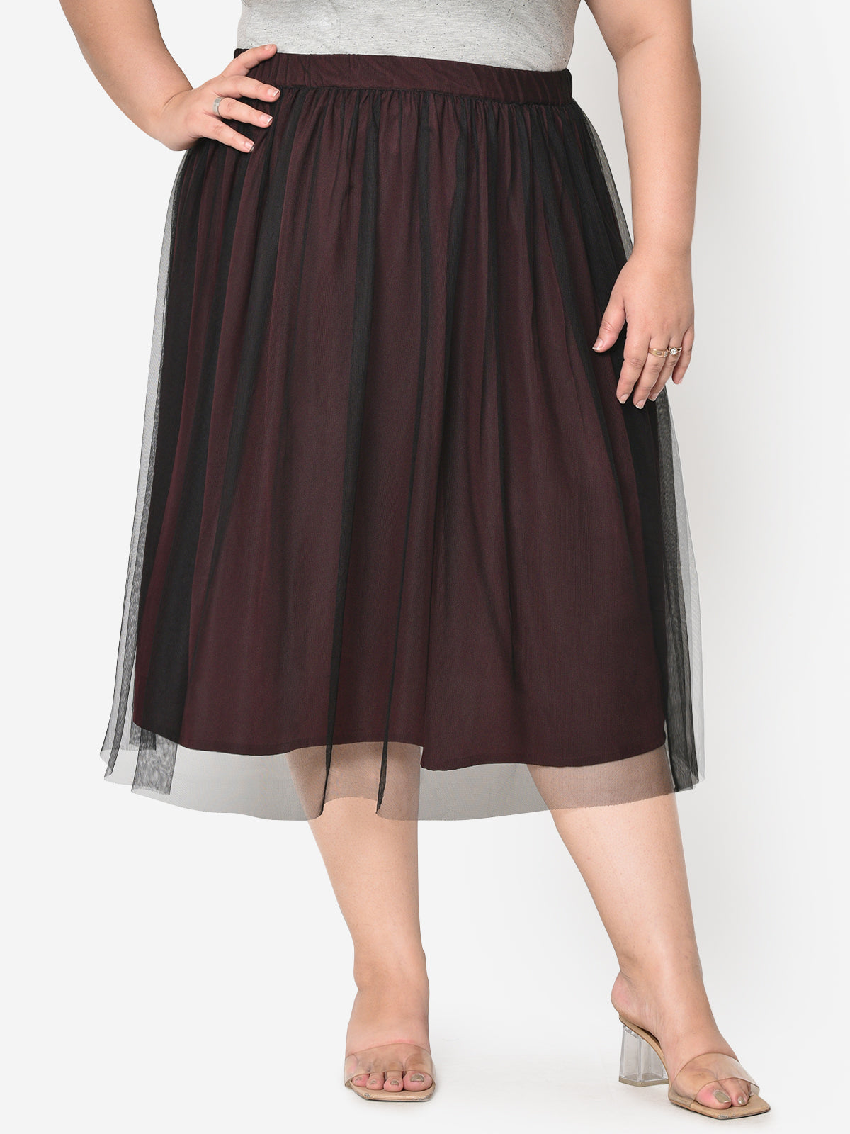 Wine With Black Mesh Plus Size Skirt