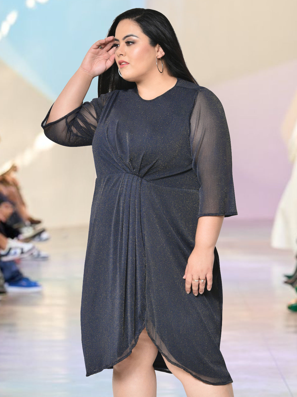 Navy Blue Lurex Net Plus Size Dress
