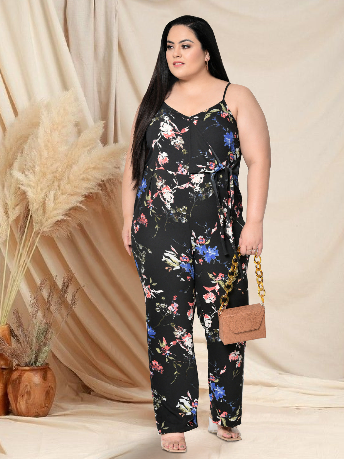 Black Floral Knotting Plus Size Jumpsuit