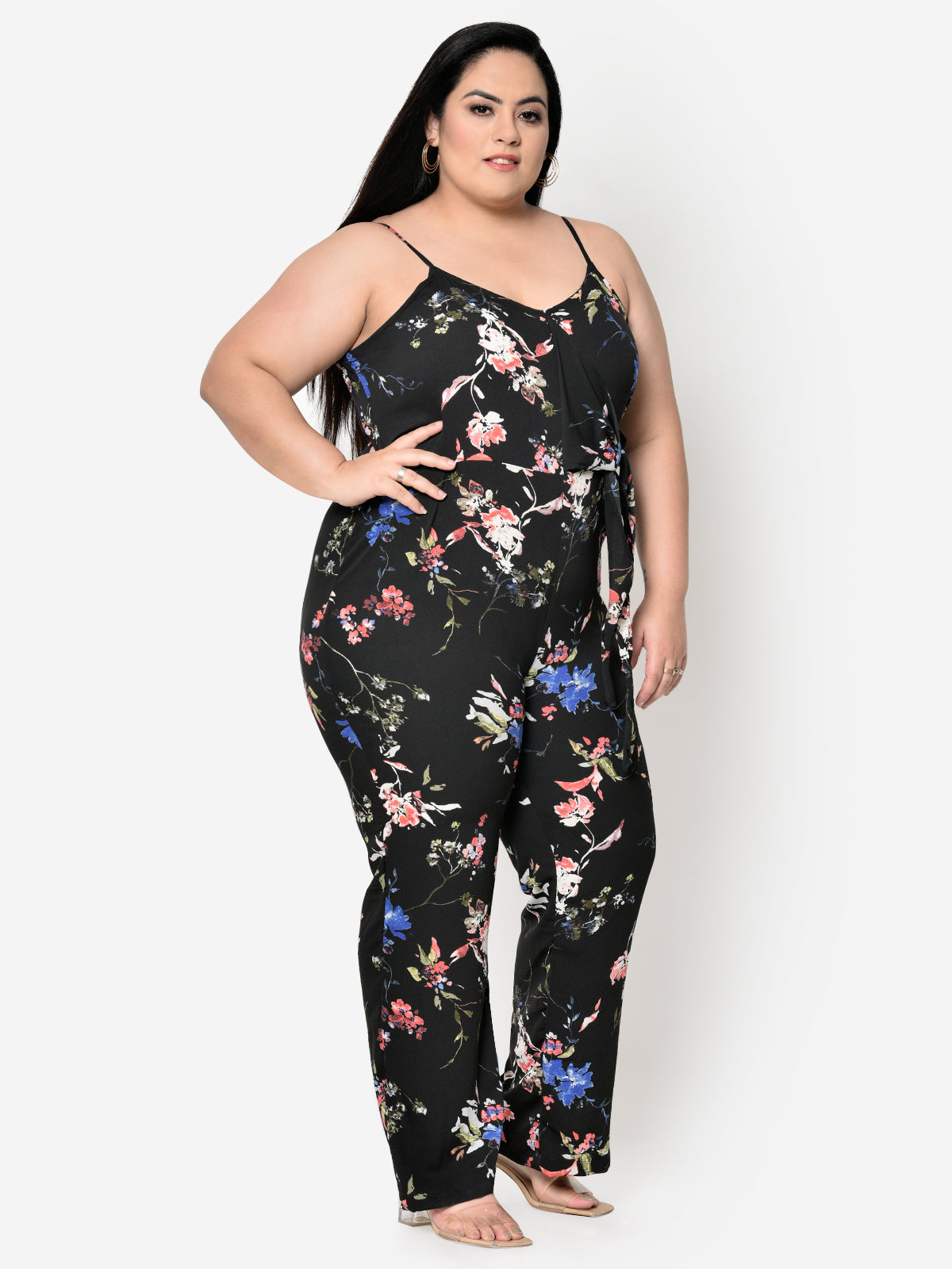 Black Floral Knotting Plus Size Jumpsuit