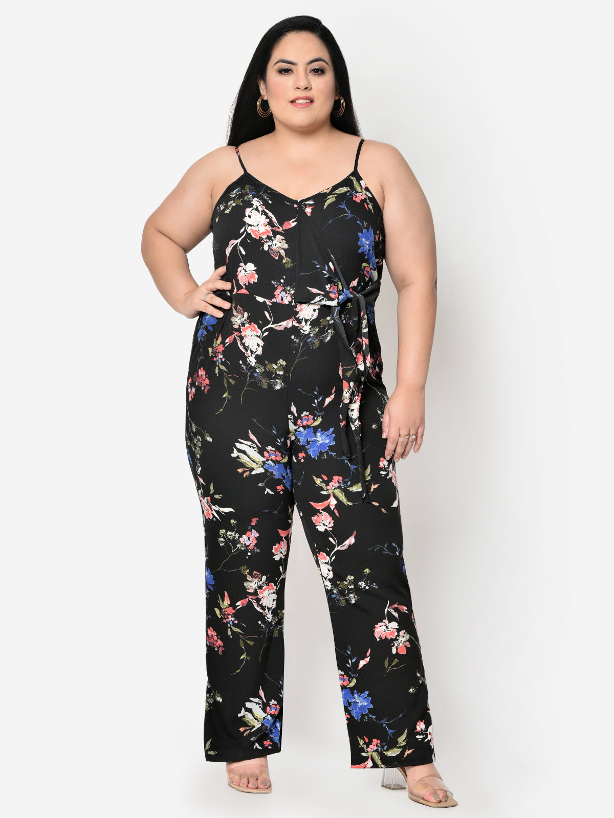 Black Floral Knotting Plus Size Jumpsuit