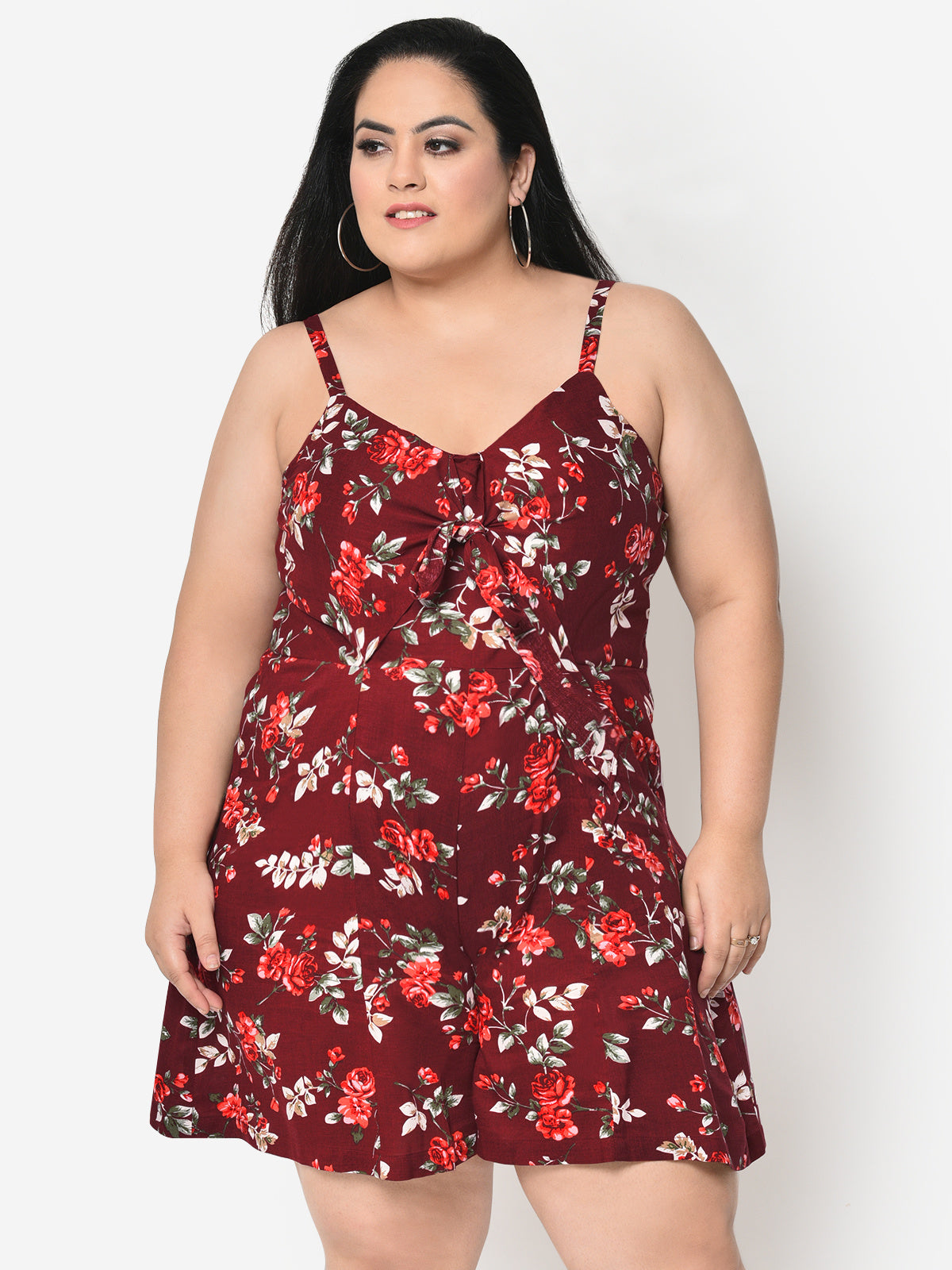 Maroon Rayon Front Knotting Plus Size Playsuit
