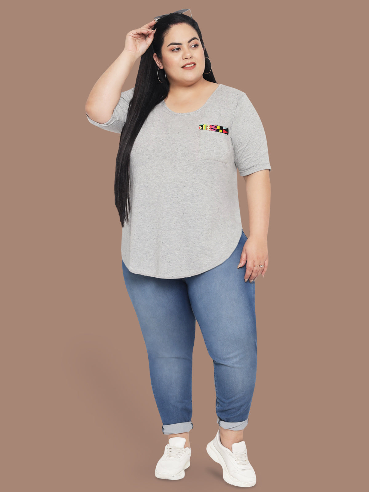 Grey Plus Size Curved Hem Top