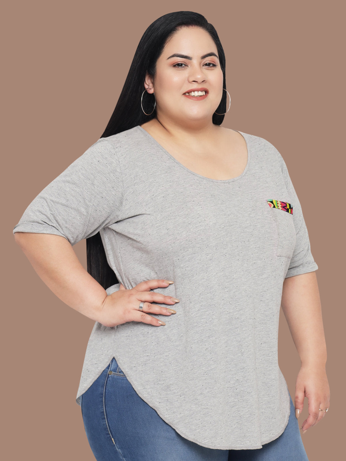 Grey Plus Size Curved Hem Top
