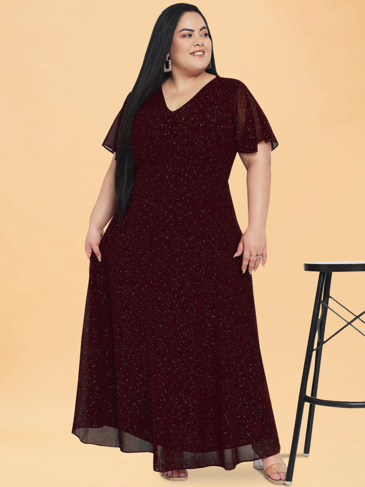 Maroon Golden Glitter Plus Size Butterfly Sleeve Gown