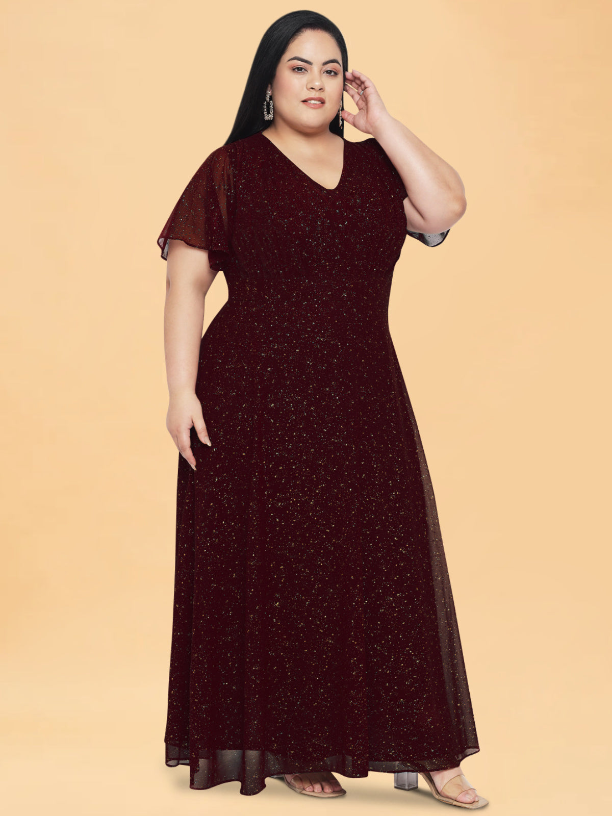 Maroon Golden Glitter Plus Size Butterfly Sleeve Gown