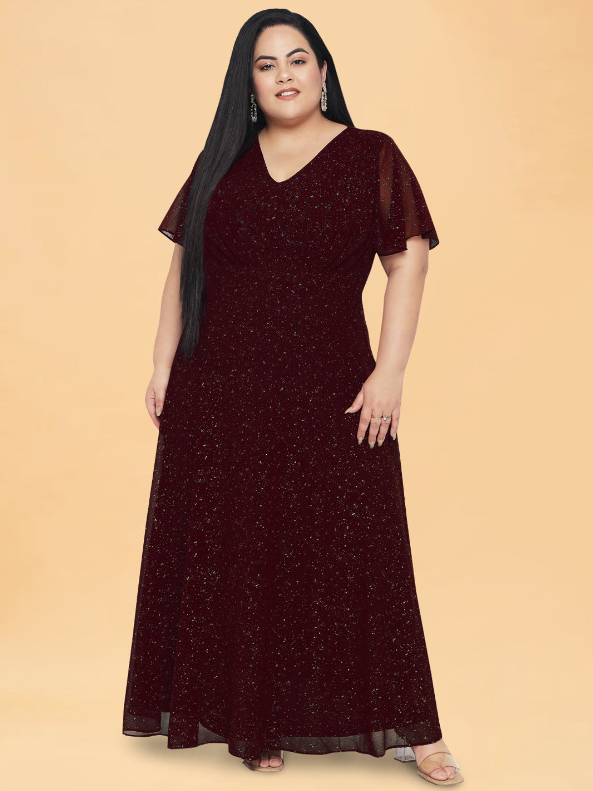 Maroon Golden Glitter Plus Size Butterfly Sleeve Gown